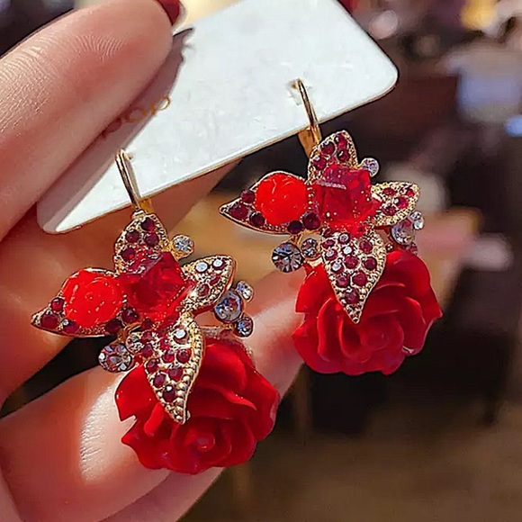 Rhinestone Rose Drop Flower Earrings - Picture 5 of 8